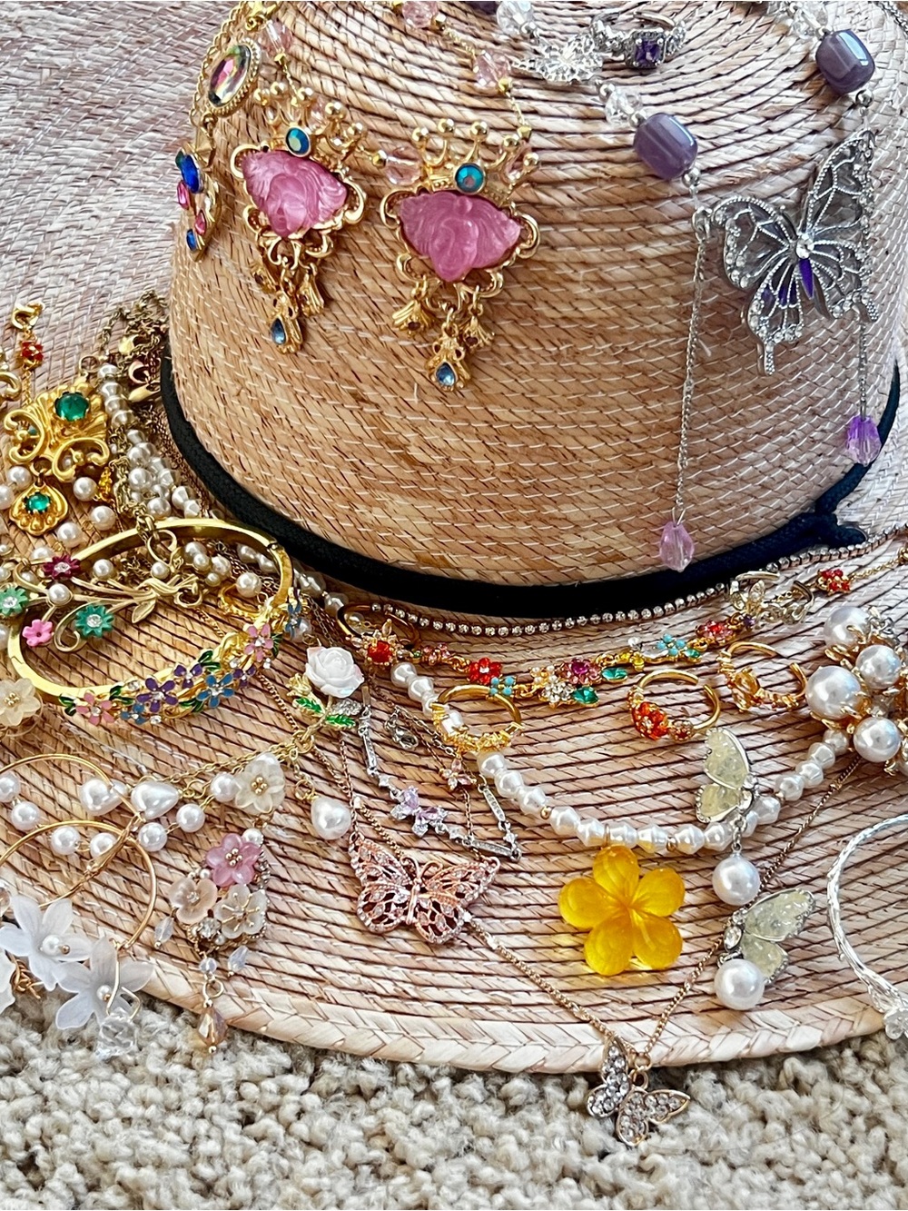 Gold-Tone Necklace with Pink Floral Accents